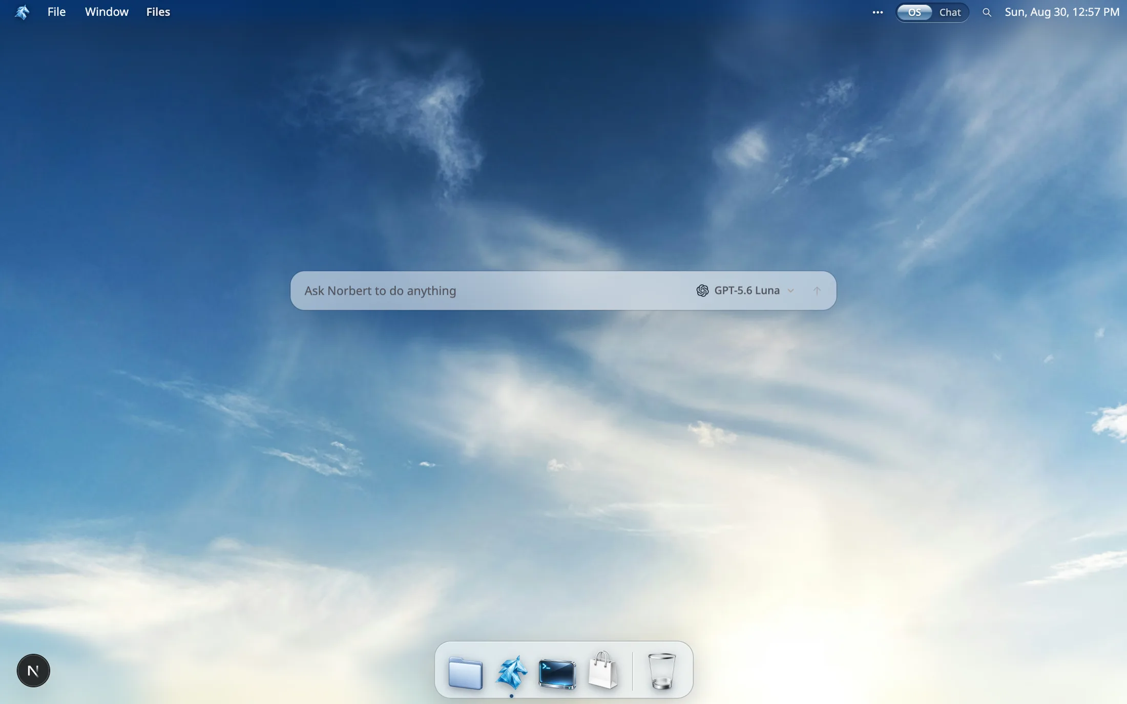 The Terminus desktop: a menu bar, a dock, and the composer that asks Norbert to do anything.