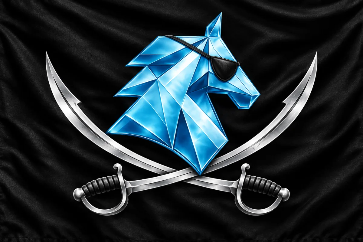 The Terminus flag: the crystal horse, wearing an eye patch, over two crossed cutlasses on black cloth.